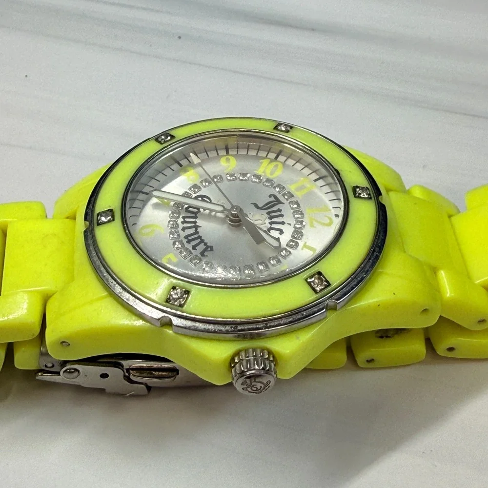 Juicy Couture Neon Yellow Crystal Accent Link Bracelet Watch Working